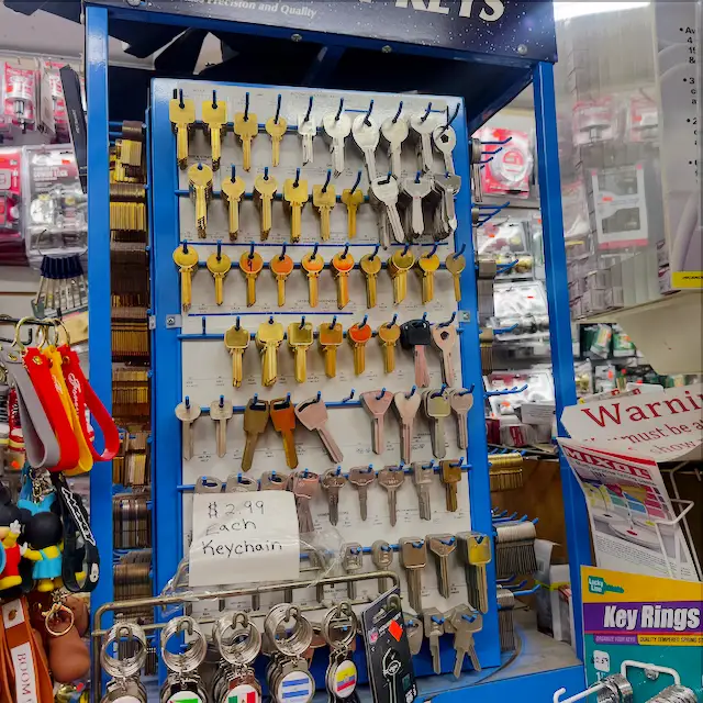 Wall of key blanks and keychains at Aura Locksmith's Brooklyn key duplication station